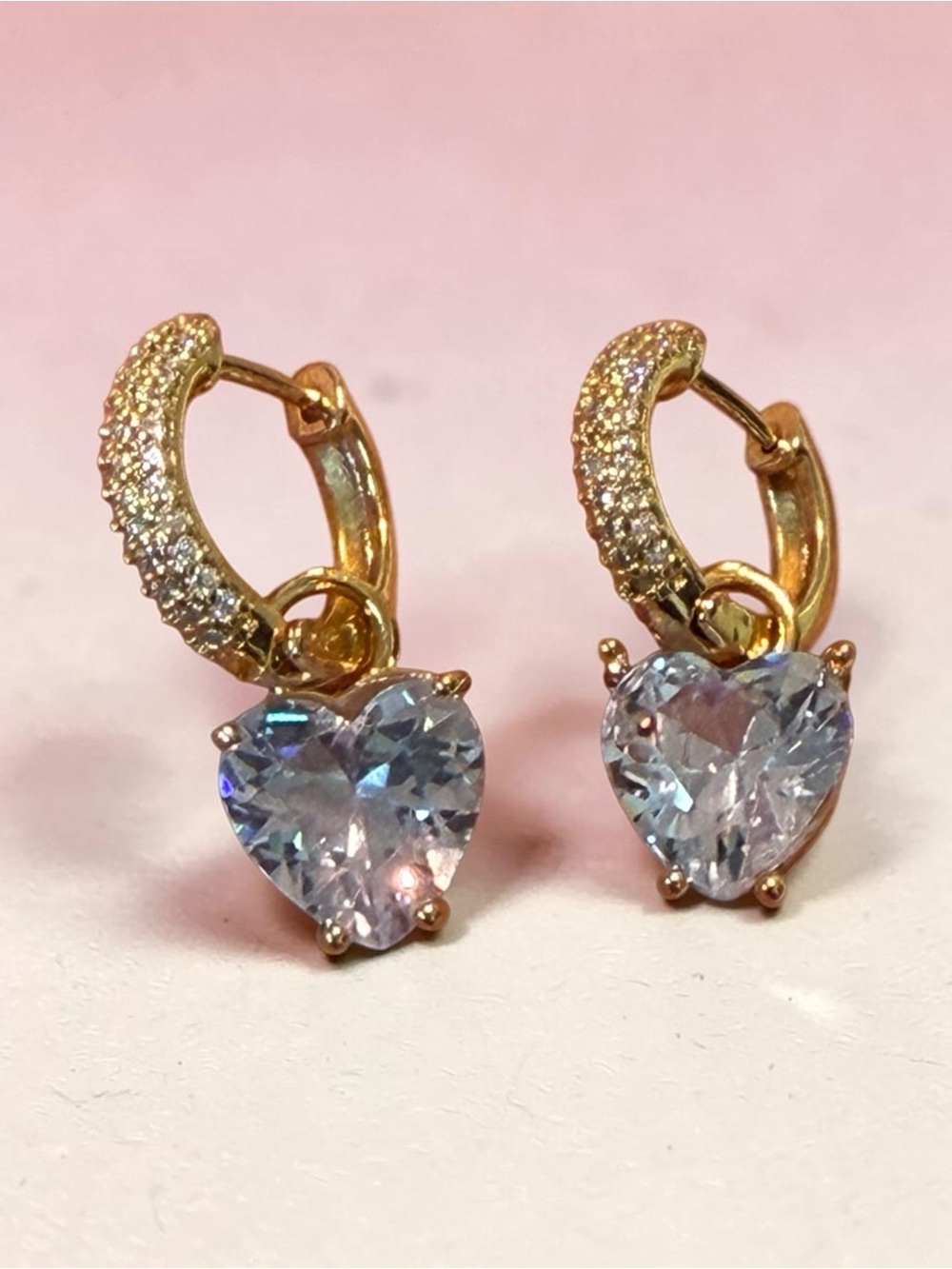 14k Plated Gold Heart Drop Earrings with Clear Heart Cubic Zirconia
